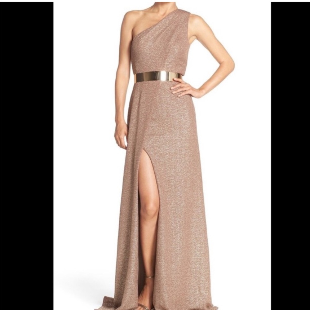 David Meister One-Shoulder Metallic Gown